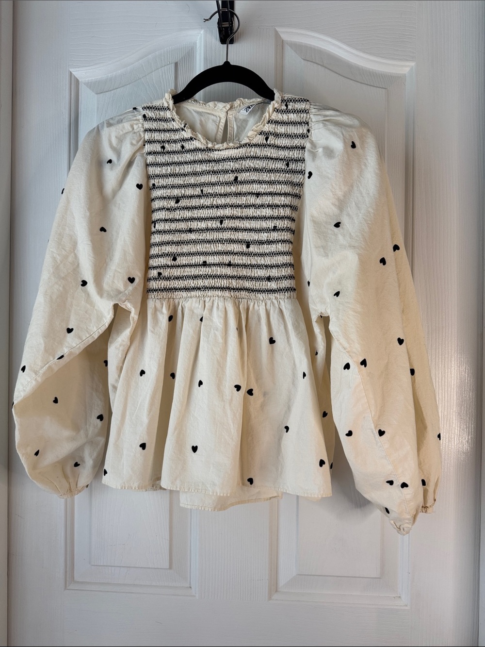 Zara Cream Smocked Bodice Top with Black Heart Print (BB)